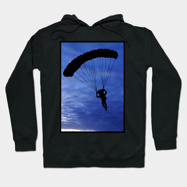 Parachuter Silhouette in Beautiful Blue Sky with a Black Border Hoodie by Blue Butterfly Designs 